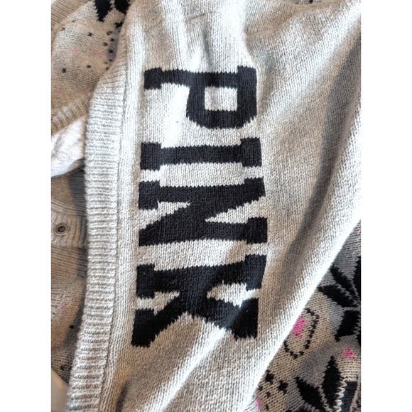 VTG Y2K Victorias Secret PINK Gray Knit Fair Isle‎ Cozy Logo Cardigan Hoodie SML - Picture 5 of 10